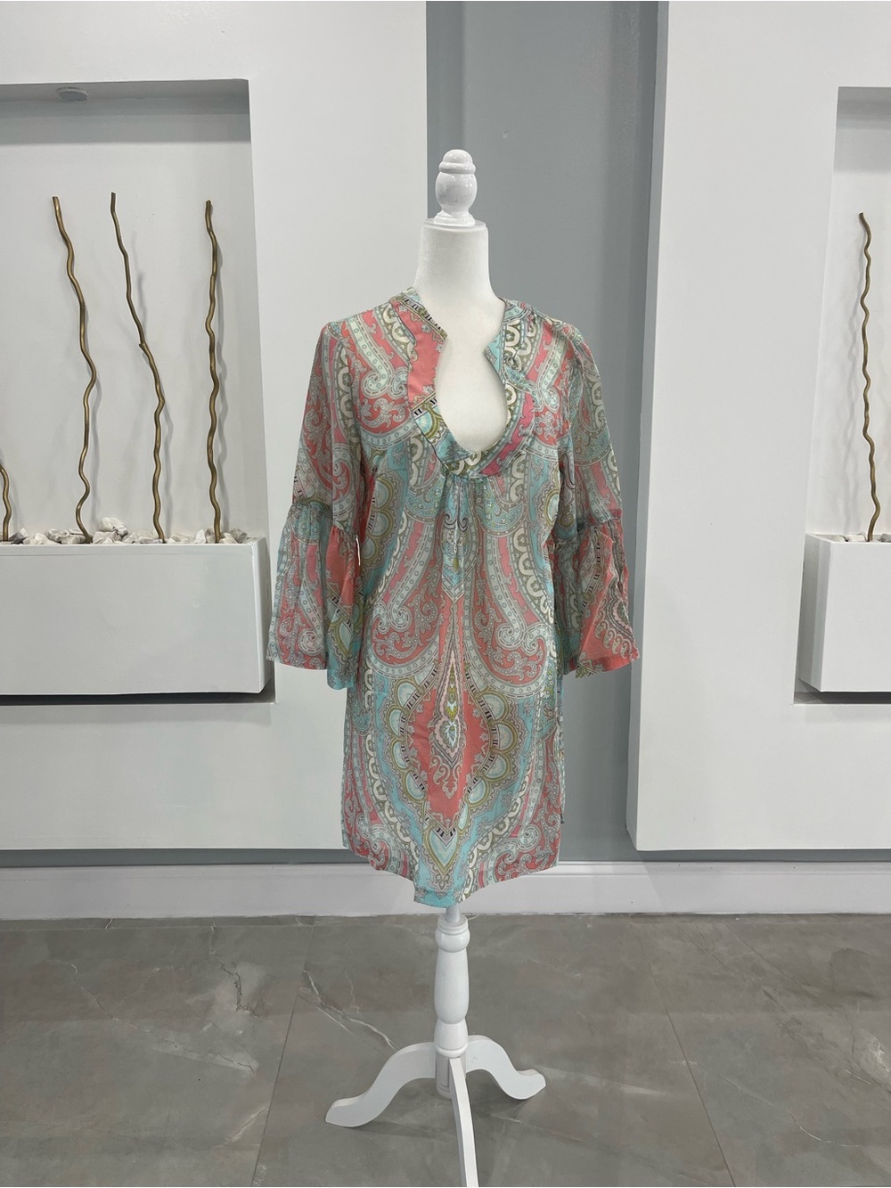 Trina Turk Coral and Mint Paisley Tunic Top
